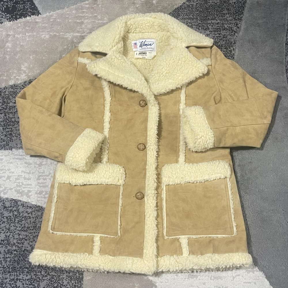 Vintage Wiman Coat Womens Medium Brown Faux Suede Sherpa Lined Western Rodeo USA